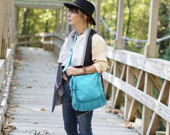 FREE SHIPPING Leather Cross Body Bag / Turquoise Leather / Ladies Leather Shoulder Bag