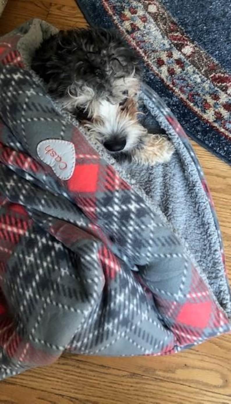 May include: A small dog nestled in a gray, red, and white plaid blanket. The blanket has a heart-shaped patch with the name "Cash" on it. The dog has black and gray fur with a white and tan face.