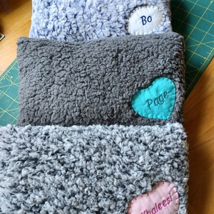 May include: Three plush, rectangular pillows in shades of blue, gray, and charcoal. Each pillow has a felt patch with a name embroidered on it: "Bo", "Page", and "Khaleesi". The pillows have a soft, textured appearance.
