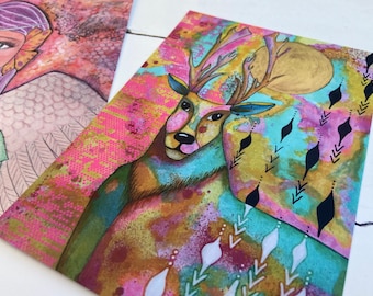 A5 Prints / oversized postcards from Mixed Media Paintings ‘Abundance Angel’ & ‘Wisdom Waiting’ (aka Stag Moon)