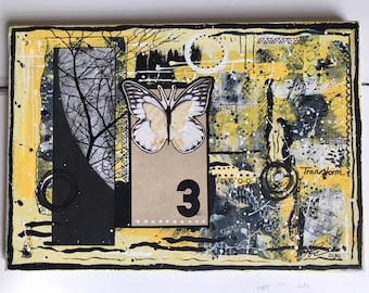 Yellow and Black Mixed Media Canvas “Transform & Fly” - Painting + Collage