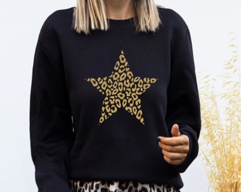 Leopard Print Star Women's sweatshirt, Leopard Print Sweater, Girls Sweatshirt, Leopard Print Lover, Star Sweatshirt,