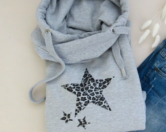 Women's Leopard Print Stars Chunky Cowl Neck Hoodie - Women's Hoodie - Star Hoody - Cross Neck Hoodie - Leopard Print Sweater - Clothing