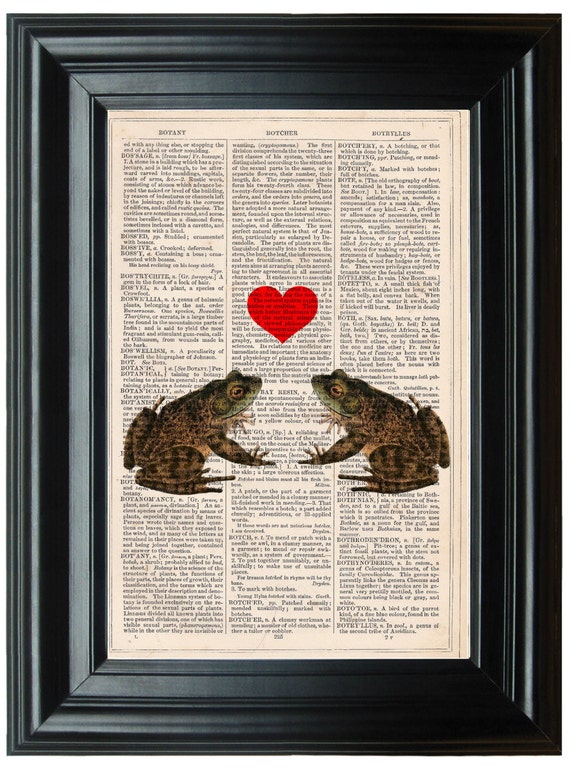 Items similar to Frogs in Love dictionary art print book page antique