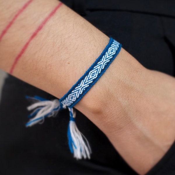 Andean Woven Bracelet Cerulean Blue and White, Slim, Handwoven Handmade, Matching Bracelets, Gifts Boho