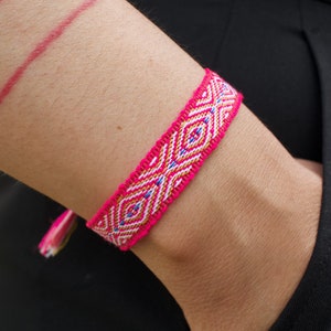 Bright Pink Woven Bracelet, Boho Bracelet, Textile, Hippie Bracelet, Finely Woven, Friendship Bracelet, Handmade, Thin, Slim, Dainty, Silk