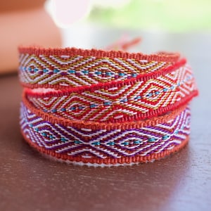 Boho Orange & Red Handwoven Bracelets, Cloth Textile Woven Bracelet, Handcrafted Artisan Hippie Beach Surfer Bracelets, Granola