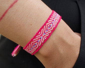 Bright Pink Woven Bracelet: Handmade Boho Textile Friendship Bracelet