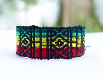 Rasta Jamaican Boho Woven Bracelet – Rastafari Reggae Bob Marley Handmade Unisex Bracelet, One Love Hippie Wide Woven Beach Bracelet