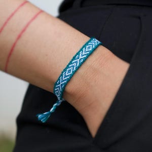 Teal & White Woven Bracelet: Boho Hippie Cotton Wool Thread