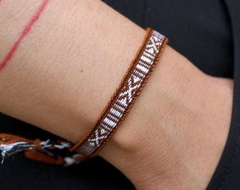 Handmade Woven Bracelet: Brown & White Boho Textile, Adjustable Tie