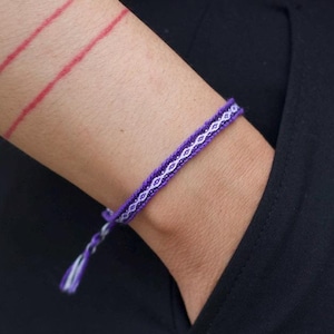 Lavender Woven Bracelet: Boho Tribal X Design, Wool & Cotton
