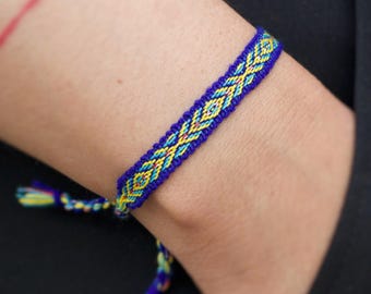 Boho Woven Bracelet: Blue & Yellow Geometric Textile, Adjustable Friendship Jewelry