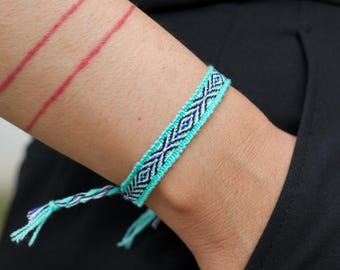 Aquamarine Woven Boho Bracelet: Slim Textile, Folk Hippie Style