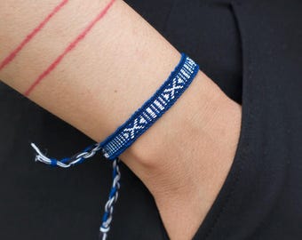 Navy Blue Woven Bracelet: Andean Geometric Textile, Adjustable Friendship Jewelry