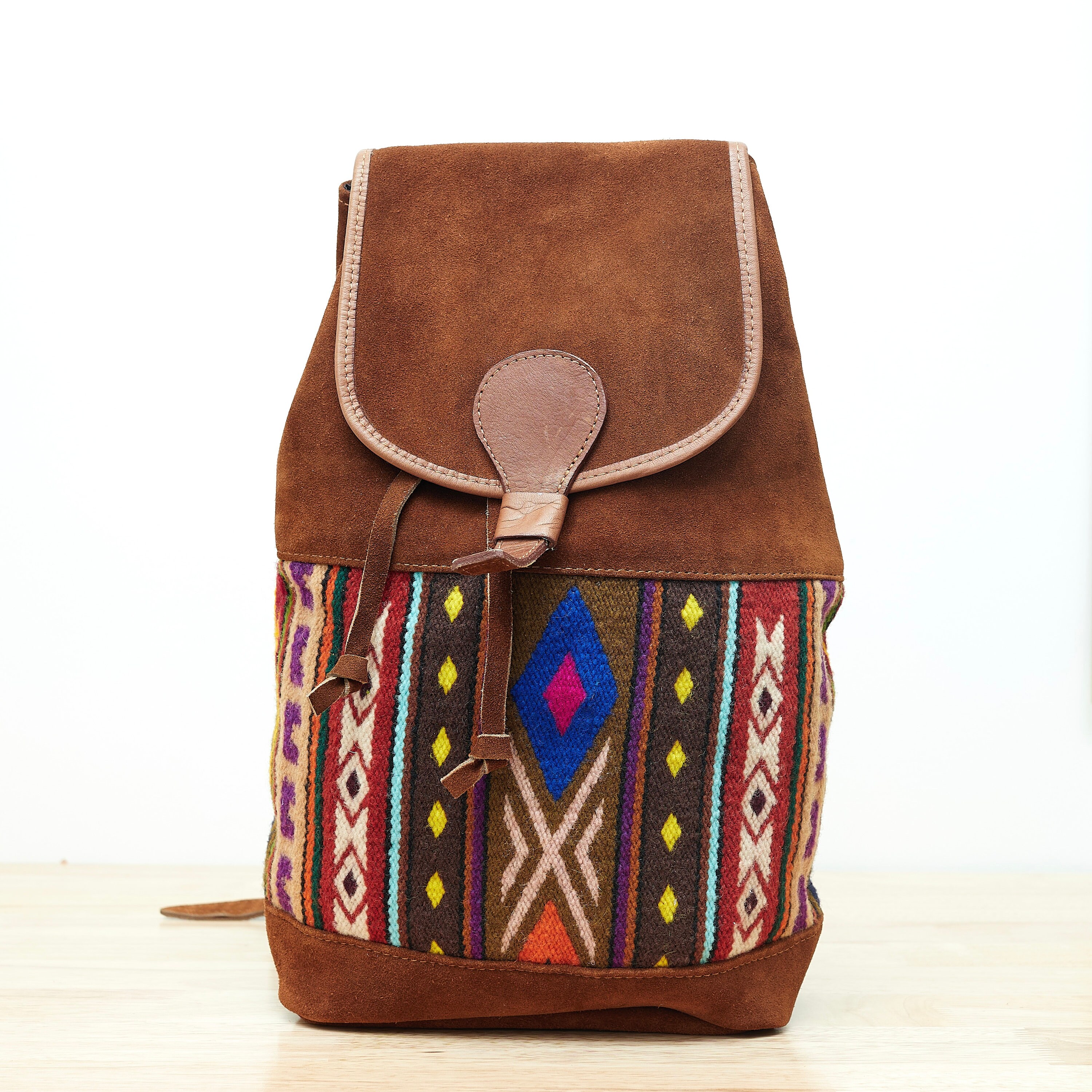 Boho Wool Textile + Suede Leather Backpack, Handcrafted 