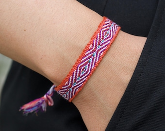 Boho Woven Bracelet: Burnt Orange Silk, Wool & Cotton - Handcrafted in Andes