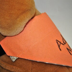 May include: A peach-colored dog bandana with the name "Adam" embroidered in brown thread.