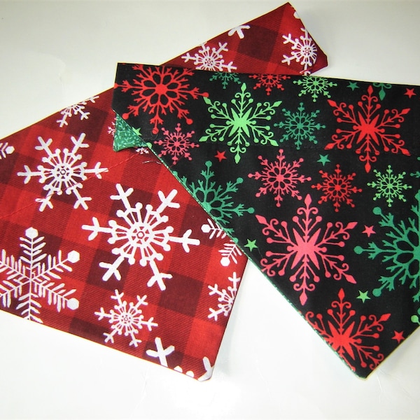 Winter Snowflakes in Christmas Colors on Black OR Snowflakes on Buffalo Plaid Red Dog Scarves Over the Collar Dog Bandanas