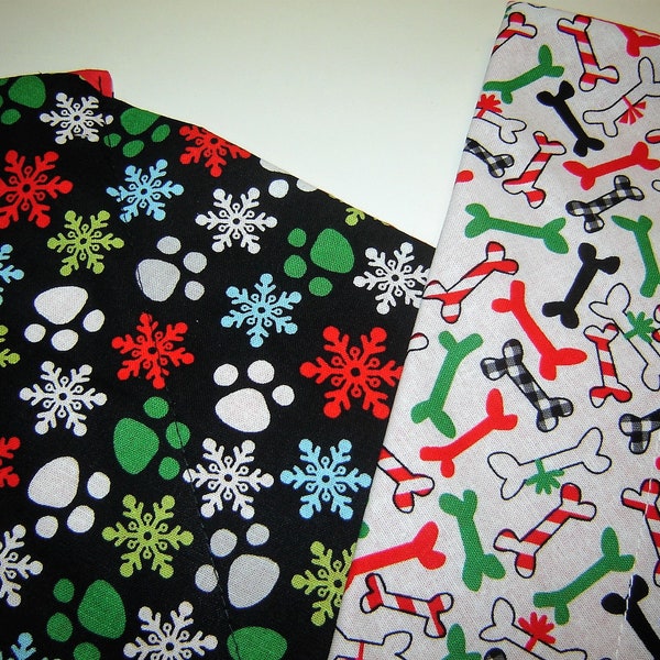 Choice Holiday Dog Bones on White OR Paw Prints and Snowflakes on Black Dog Scarf Over the Collar Dog Bandana