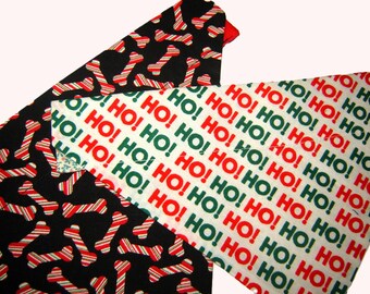 Christmas Two Ways! Festive Candy Striped Dog Bones OR Ho! Ho! Ho! on White Dog Scarf Over the Collar Dog Bandana