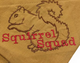 Squirrel Squad Chasing Squirrels Embroidered on Gold Dog Scarf Over the Collar Dog Bandana
