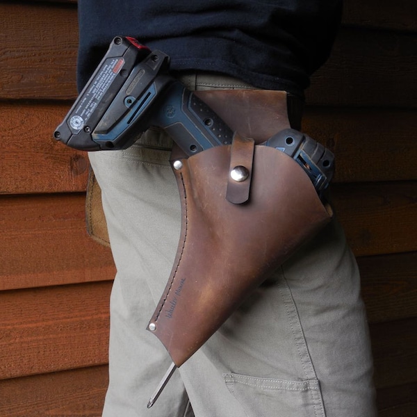 Leather Drill Holster- Custom snap pouch keeps your cordless drill close. The perfect tool belt accessory for carpentry and woodworking.