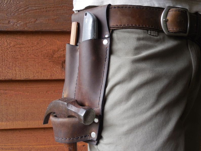 Long Leather Hammer Loop with pockets for box knife and pencil. The ideal accompaniment to the finish carpenter's tool belt. image 1