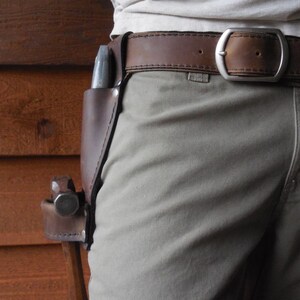 Long Leather Hammer Loop with pockets for box knife and pencil. The ideal accompaniment to the finish carpenter's tool belt. image 4