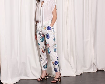 High Rise White Tropical Print Trousers / S