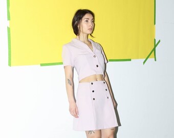 Purple Lavender Crop Skirt Set / Matching Pastel Two Piece Skirt Suit / Medium Med M 28 Inch Waist