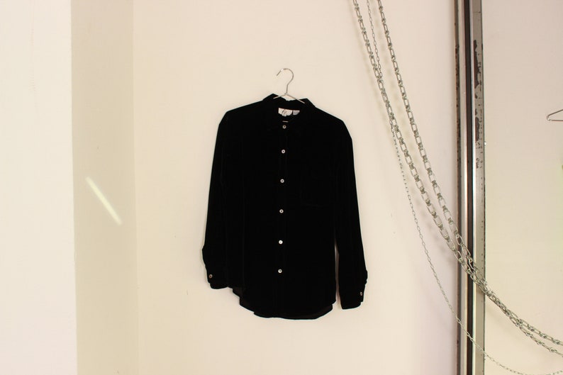 Black Velour Button Down Velvet Blouse Medium Large
