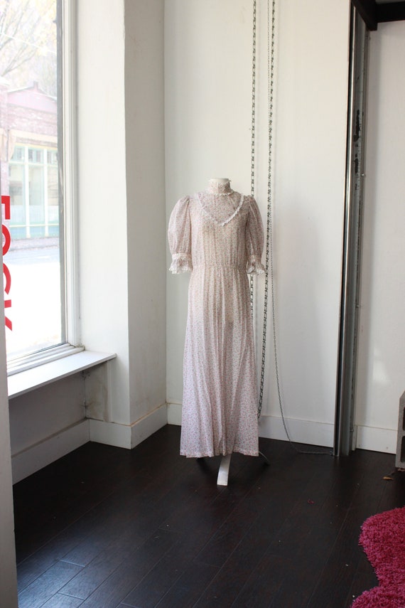 70s Floral Puff Sleeve Maxi Dress / Ruffle Prairie