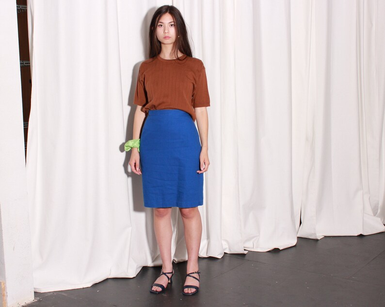 Cobalt Blue Linen Skirt High Waist Pencil Skirt Large