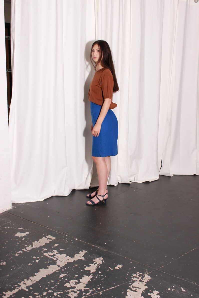 Cobalt Blue Linen Skirt High Waist Pencil Skirt Large