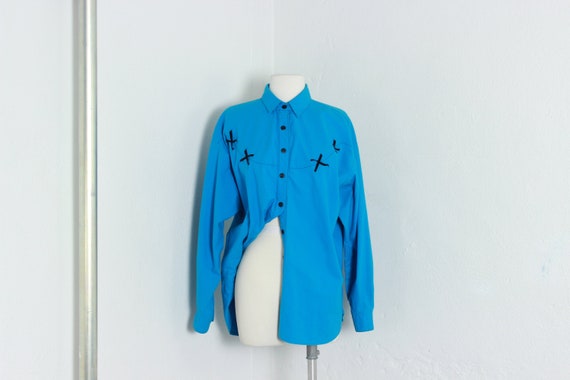 70s Cyan Western Button Down Blouse