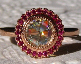 Rose Cut Moissanite in Gold Milgrain Bezel Daisy Ring with Ruby, Sapphire, Emerald, Aquamarine, Topaz, Citrine, Amethyst, Garnet Halo