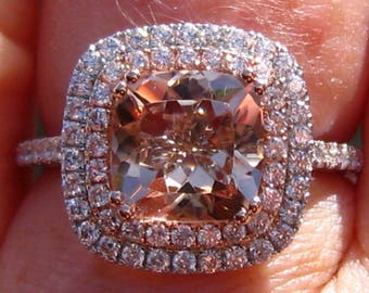 Cushion Morganite Engagement Ring with Diamond Double Halo in White and Rose Gold, Custom Design by Julia B Jewelry