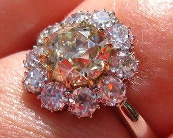 Vintage Inspired Cluster Ring with Old European Cut Classique Moissanites, Daisy OEC Yellow Moissanite Engagement Ring