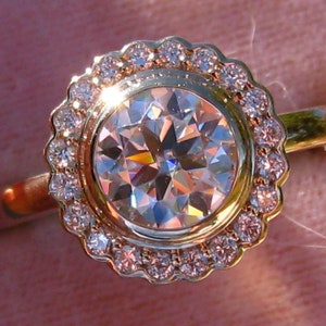 Hearts & Arrows Round Brilliant Classique Moissanite in Gold Daisy Diamond Halo Engagement Ring, Custom Design by Julia B Jewelry