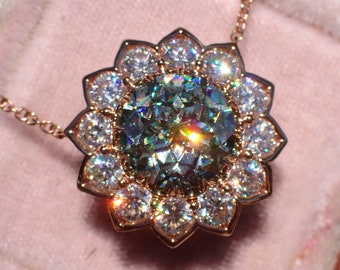 Sunflower Gold Necklace with Jubilee Cut Moissanite, Lab Ruby, Emerald, Blue or Pink Sapphire, Alexandrite, Aquamarine, Morganite