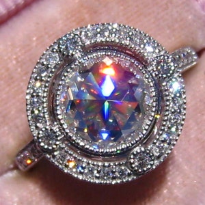 Rose Cut Moissanite in Vintage-Inspired Filigree Milgrain Bezel Diamond Halo Engagement Ring, Round Moissanite Engagement Ring