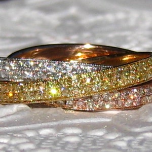 14K Gold Tri-Color Rolling Ring with Hand Milgrain, Diamond Eternity Ring, Trinity Ring, Anniversary Ring, Champagne and Yellow Diamonds