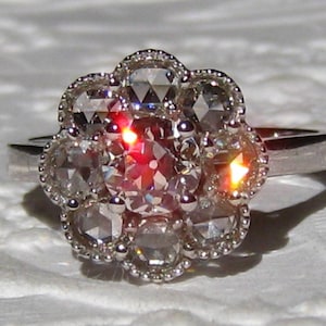 Daisy Diamond Engagement Ring Mount, Rose Cut Diamonds in White Gold Daisy Milgrain Bezels