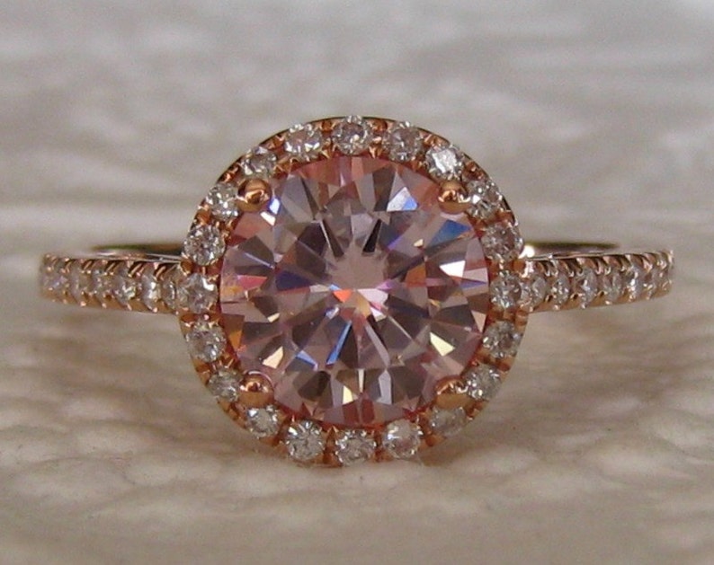 SOLD OUT... Pink Moissanite Engagement Ring, Rose Gold Engagement Ring, Pink Moissanite Rose Gold Diamond Halo Engagement Ring image 3