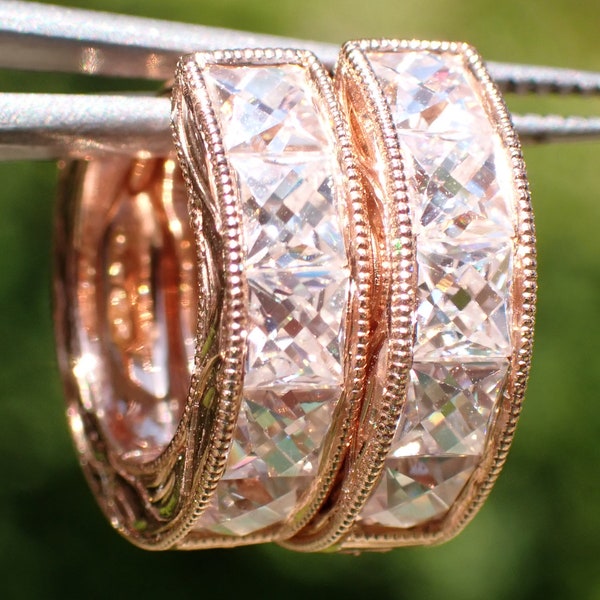 French Cut Moissanite in Channel-Set 14K Rose Gold Hoop Earrings with Milgrain and Engraving