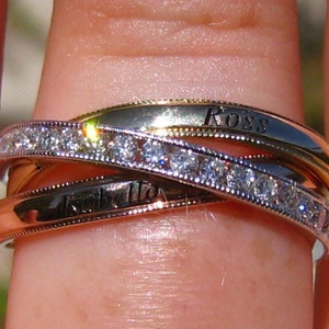 Personalized Tri-Color Diamond Rolling Ring, Trinity Ring, Diamond Wedding Ring, Anniversary Ring, Stacking Rings