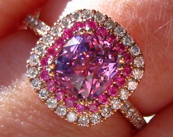 Precision Cut Cushion Pink Sapphire in Double Diamond Halo Rose Gold Engagement Ring