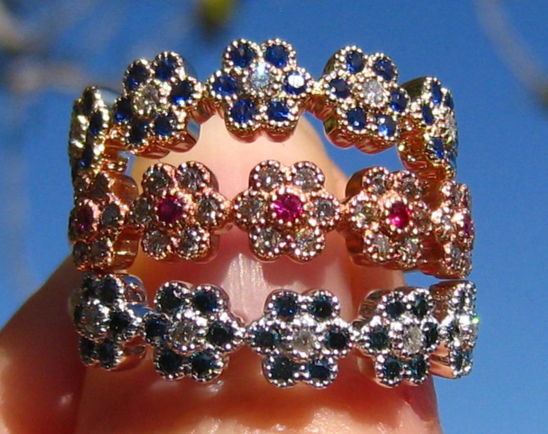 Wildflowers Band, Floral Wedding Band With Diamonds, Sapphires and