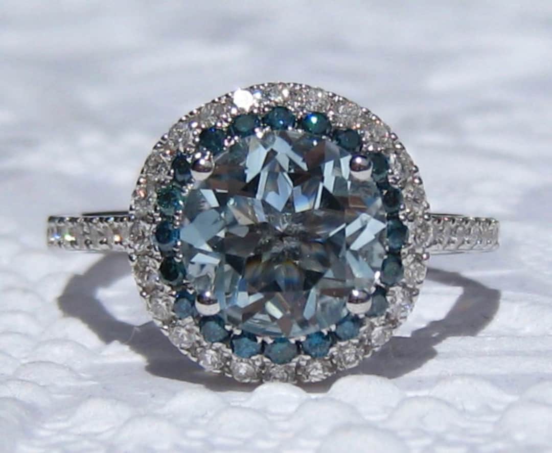 Aquamarine Engagement Ring With Blue Diamond Double Halo and - Etsy
